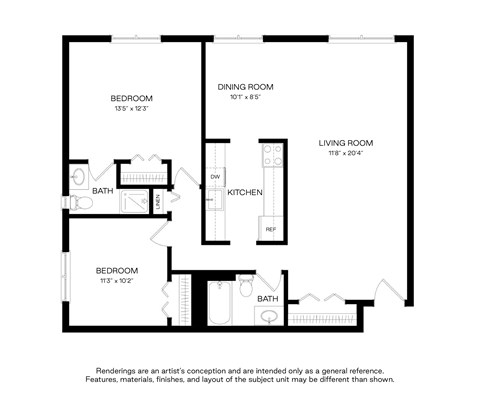 Floor plan for 2 beds, 2 baths, 1089 sqft